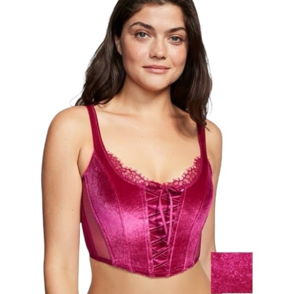 Victorias Secret Velvet Lace Up Corset Top Magenta Pink Mesh Bustier Size M -NWT